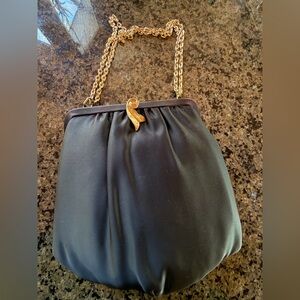 Elegant Vintage Black Satin Evening Bag with Gold-tone Clasp and Chain